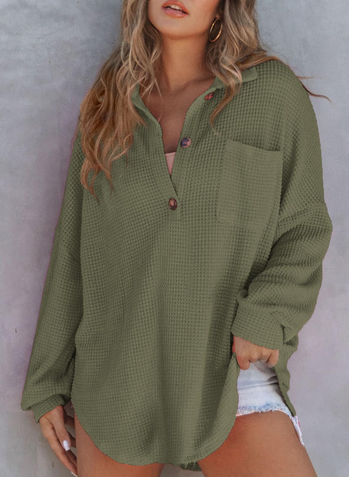 2024 New Women's Waffle Knit Henley V Neck Shirt Jacket (buy 2 free shipping)