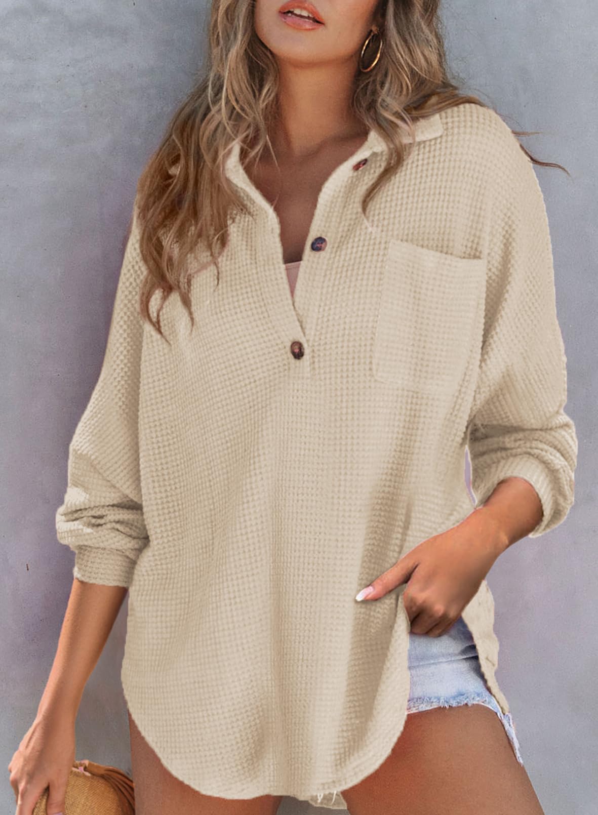 2024 New Women's Waffle Knit Henley V Neck Shirt Jacket (buy 2 free shipping)